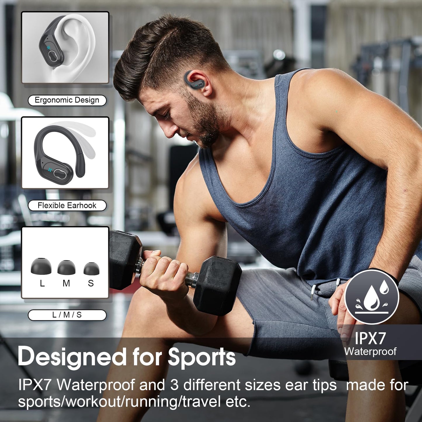 Wireless Earbuds 75H Bluetooth 5.4 Sport Headphones with Earhooks, Black