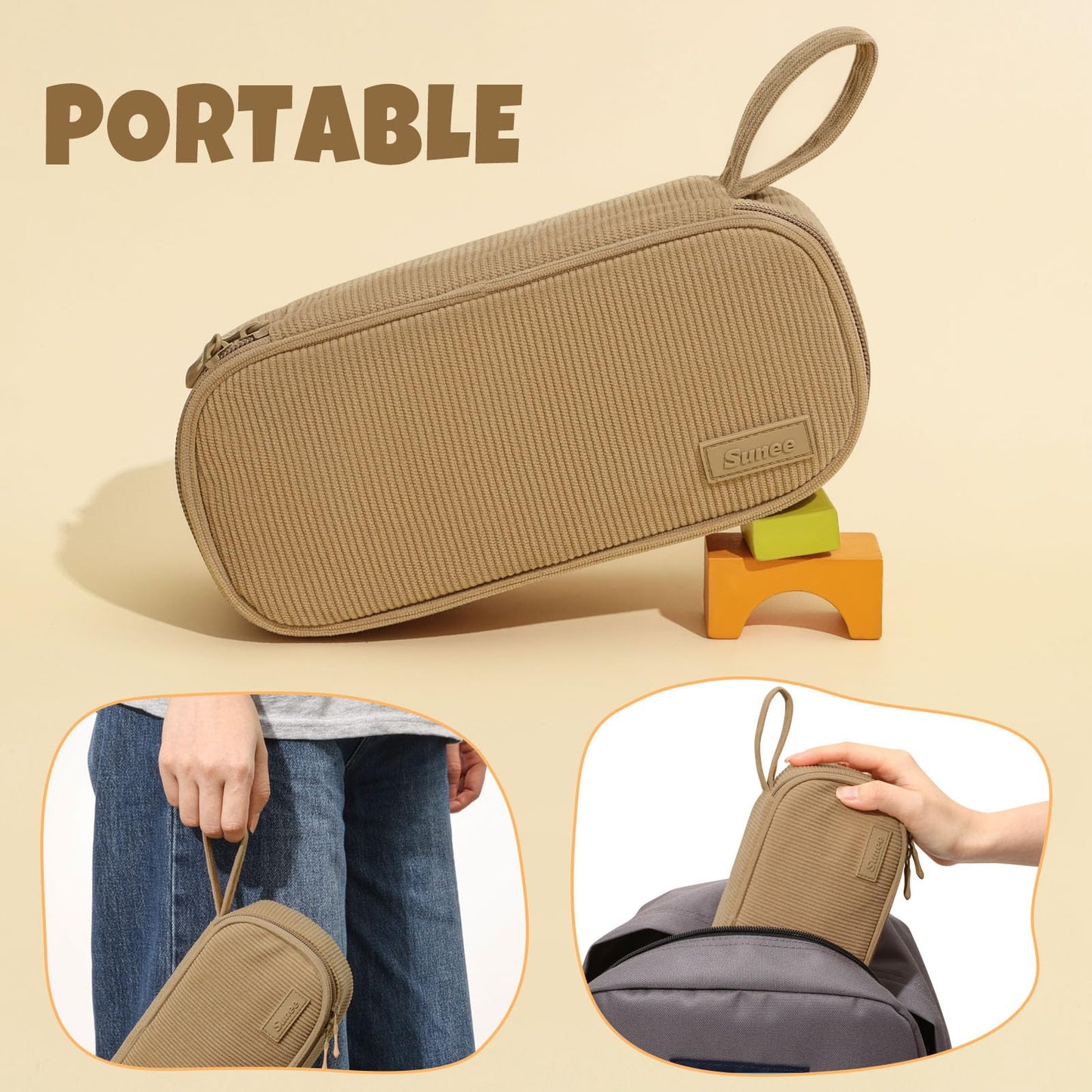 SUNEE Cute Pencil Case, Soft Corduroy Large Capacity Pencil Pouch, Aesthetic Zipper Pencil Bag, Big Storage Pen Organizer for Stationery, Pencil Box Back to School Supplies for Teen Girls Boys, Beige