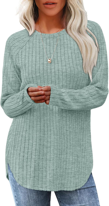 Saloogoe Long Sleeve Shirts for Women 2026 Fall Clothes Tunic Tops Loose Fit Dressy Crewneck Pullover Sweaters Curved Hem