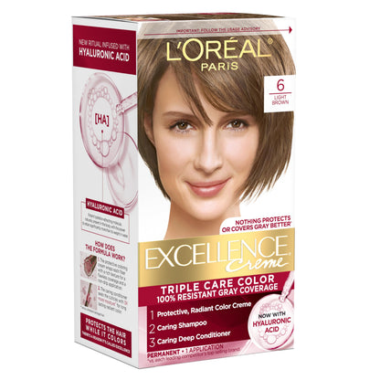 L'Oreal Paris Excellence Crème Permanent Hair Dye, Triple Care Hair Color with Hyaluronic Acid for 100% Gray Coverage, 4 Dark Brown, 1 Kit (Packaging May Vary)