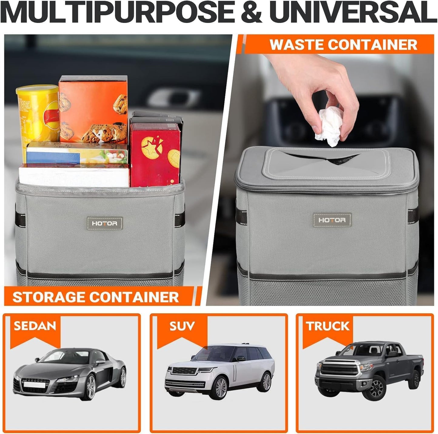 HOTOR Car Trash Can, Leakproof Car Organizer, 2-Gallon, Black