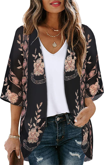 CHICGAL Womens Floral Kimono Cardigan Beach Cover Up Casual Summer Tops