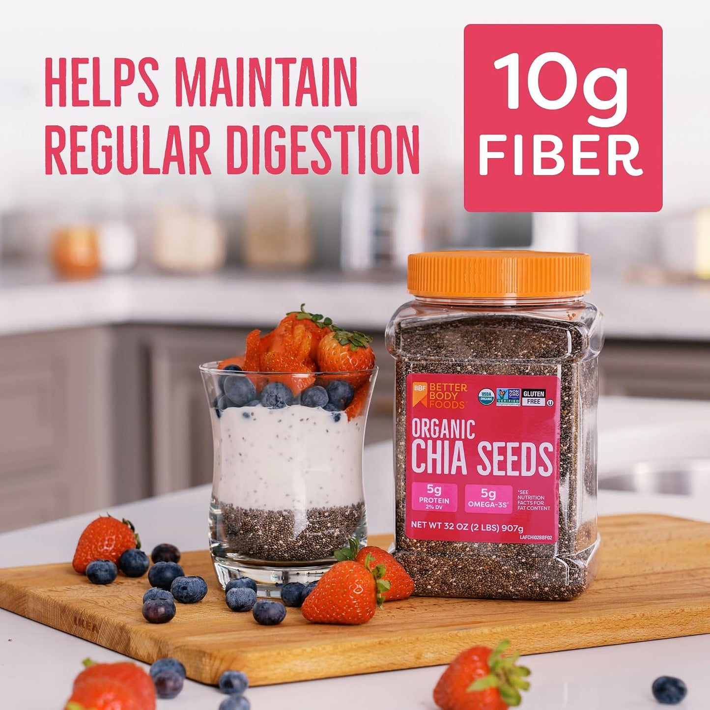 BBF Organic Chia Seeds 32 Oz, Omega-3 & Fiber, Pudding, Smoothies, Oatmeal