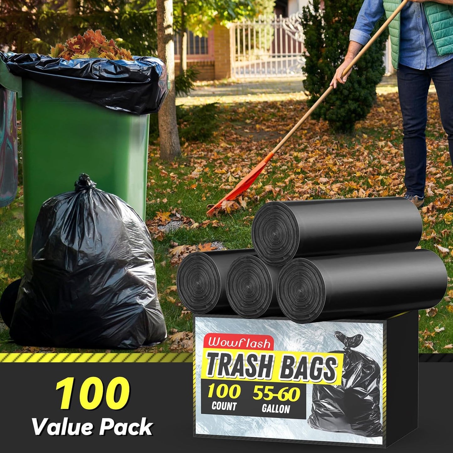 Wowflash 100 Count 55-60 Gallon Trash Bags