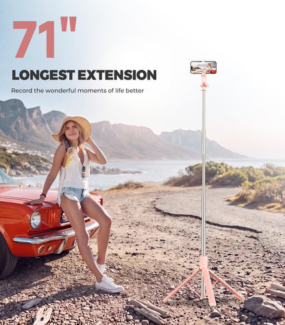 71” Phone Tripod & Selfie Stick, Portable All in One Extendable Cell Phone Tripod Stand, with Wireless Remote Control for iPhone/Samsung/Android/Camera