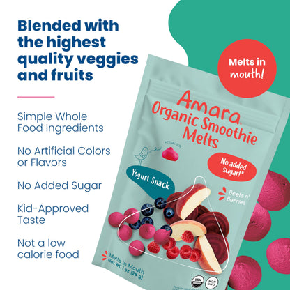 Amara Smoothie Melts - Mango Carrot - Organic Baby Snacks w/ Fruits & Veggies - Plant Based Yogurt Melts - Healthy Toddler Snack - Activity Book Included - Enjoy From 10+ Mos - 6 Resealable Bags