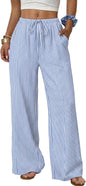 Sampeel Wide Leg Pants for Women Flowy Palazzo Drawstring Elastic Waist Trousers with Pockets Summer Beach Vacation Clothes