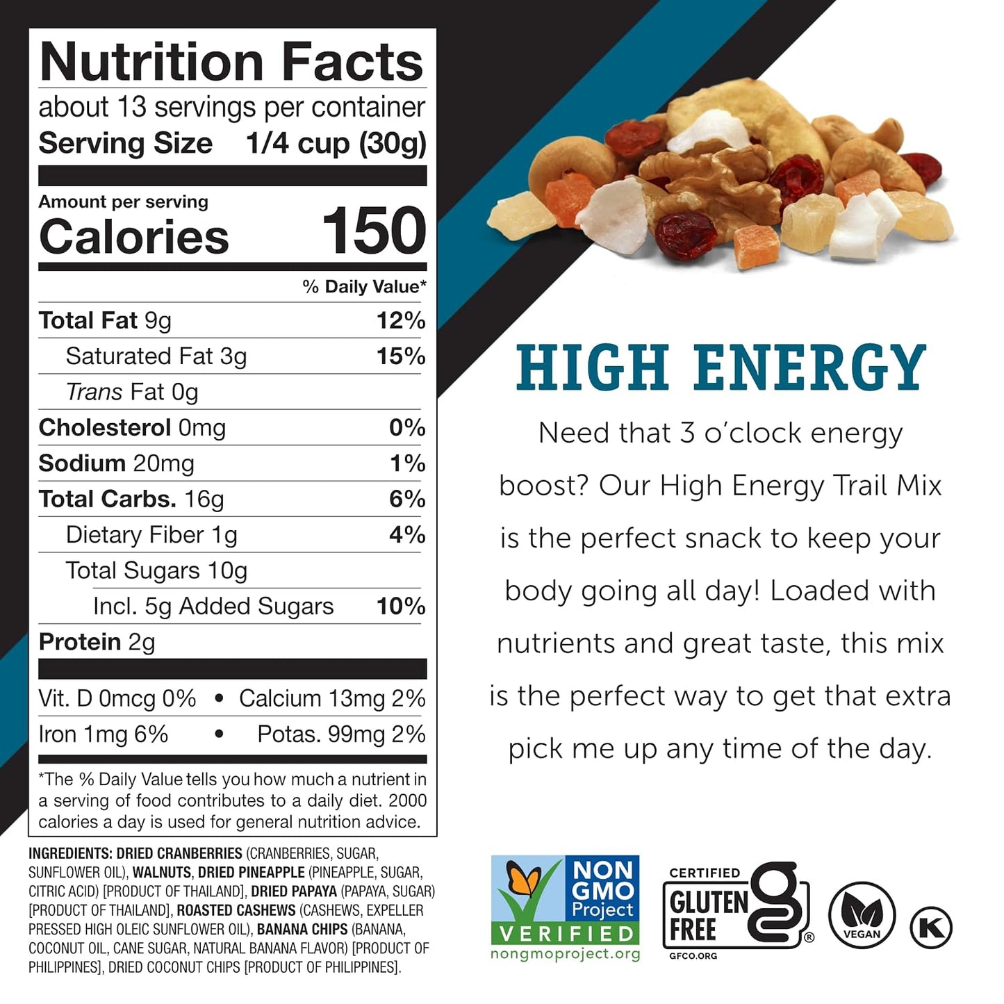 Power Up Trail Mix, Mega Omega Trail Mix, Non-GMO, Vegan, Gluten Free, No Artificial Ingredients, Gourmet Nut, 14 Ounce Bag