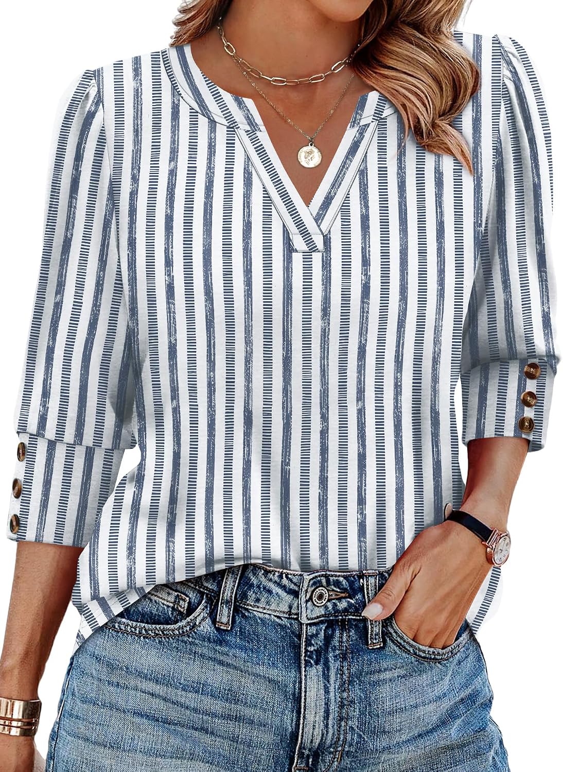 WIHOLL 3/4 Length Sleeve Womens Tops with Button Cuffs Dressy Casual V Neck Summer Outfits Early Fall Fashion Spring Clothes