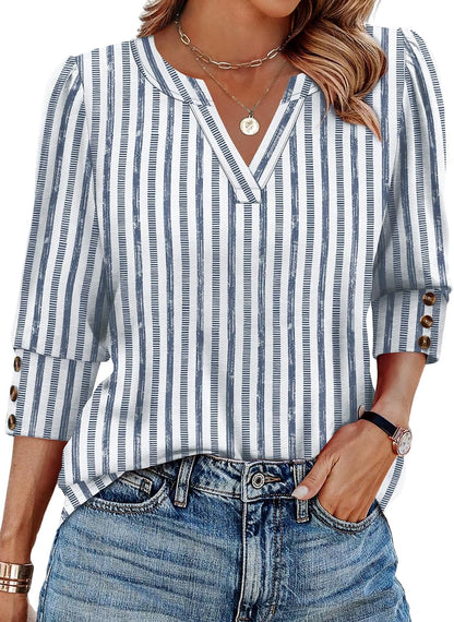 WIHOLL 3/4 Length Sleeve Womens Tops with Button Cuffs Dressy Casual V Neck Summer Outfits Early Fall Fashion Spring Clothes