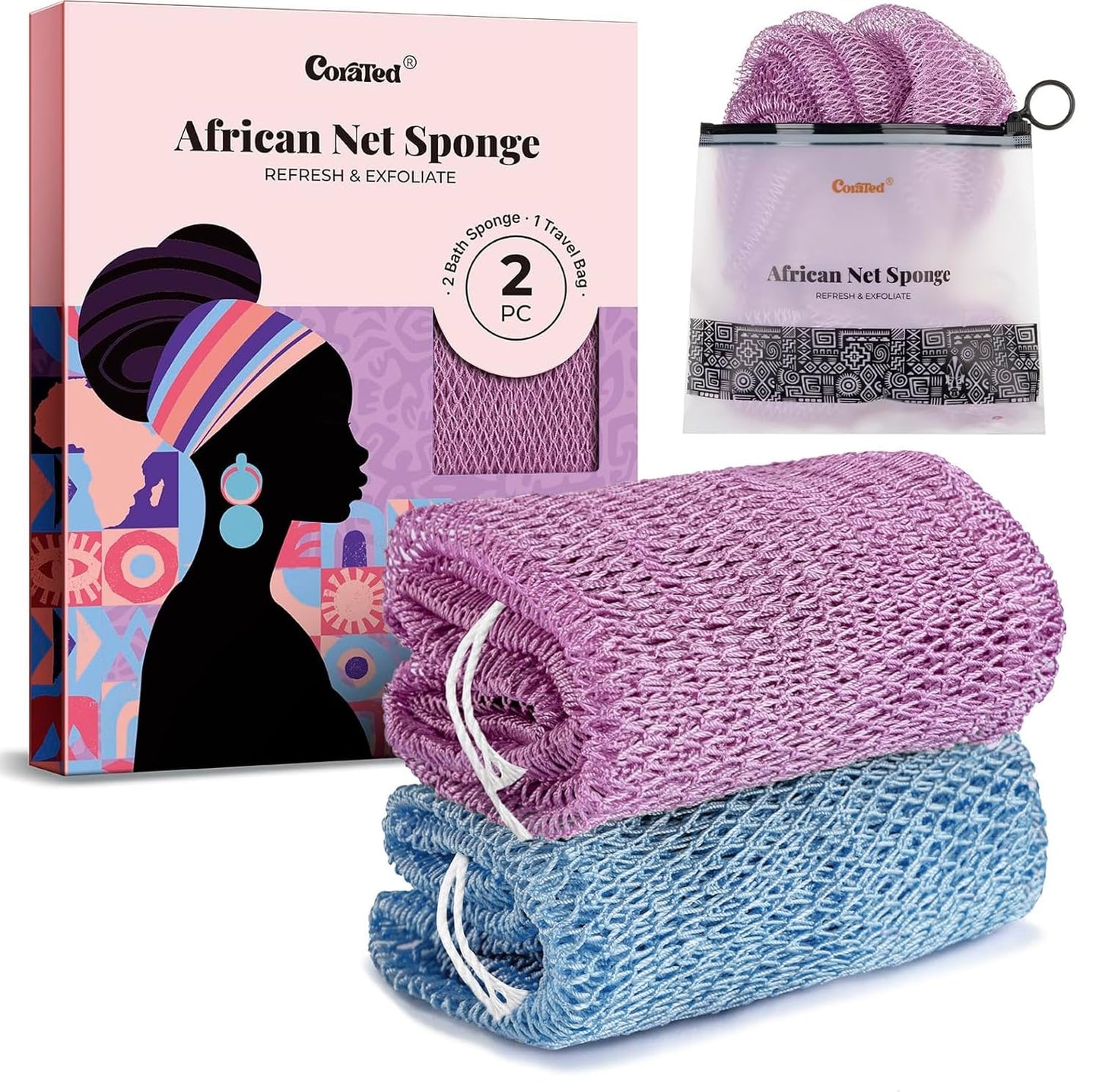 CORATED African Net Sponge with Knots Authentic, Shower Loofah Bath Sponge