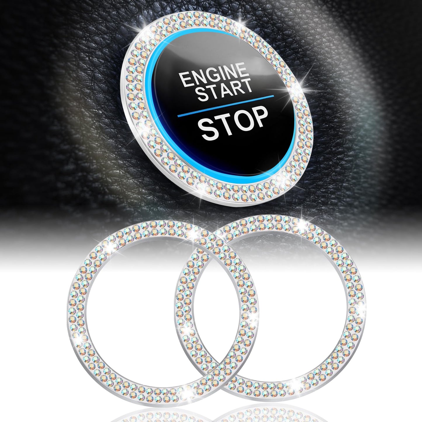 LivTee 2 PCS Crystal Double Rhinestone Car Engine Start Stop Decoration Ring, Bling Car Interior Accessories for Women, Push to Start Button Cover Sticker, Automotive Decals, Light Green