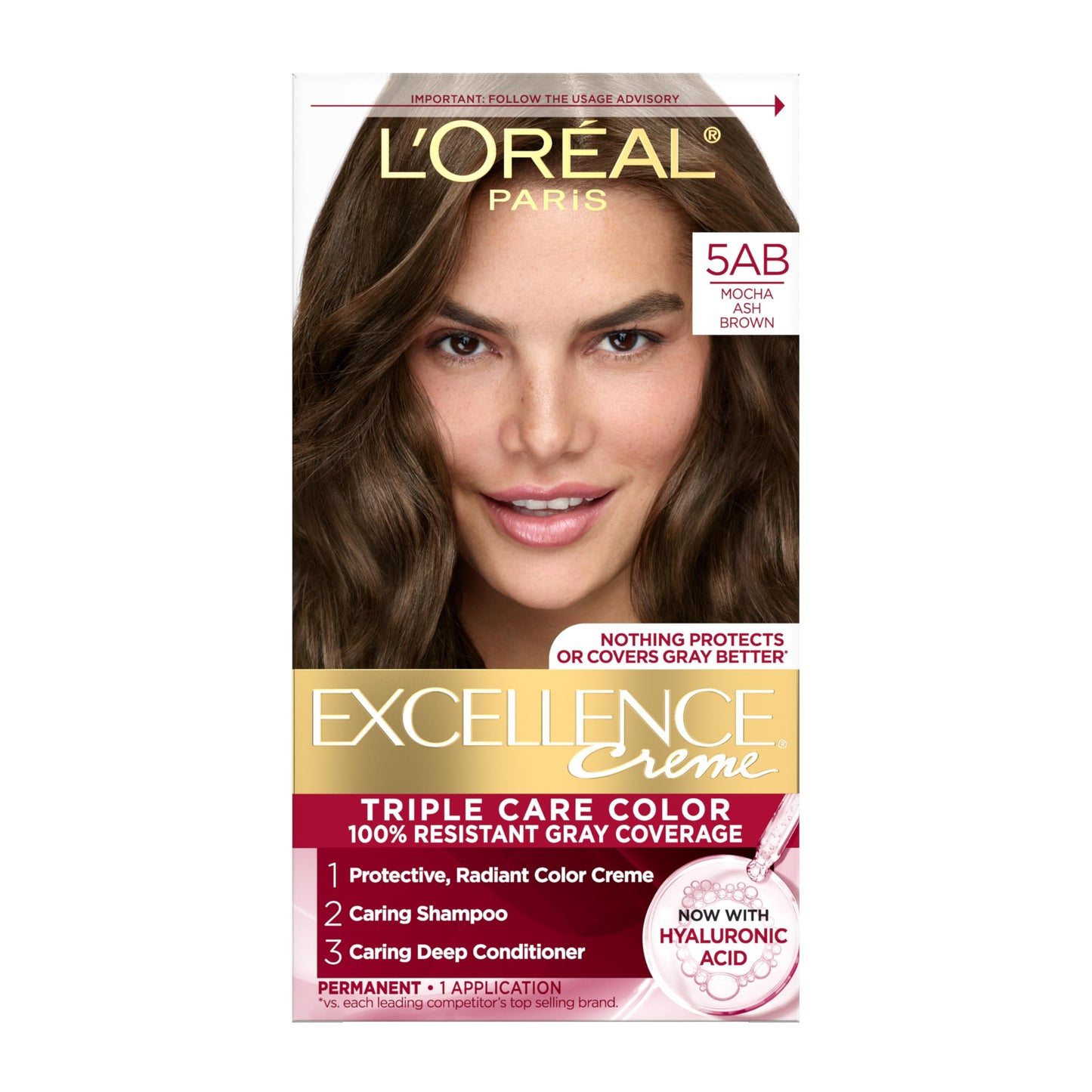 L'Oreal Paris Excellence Crème Permanent Hair Dye, Triple Care Hair Color with Hyaluronic Acid for 100% Gray Coverage, 4 Dark Brown, 1 Kit (Packaging May Vary)