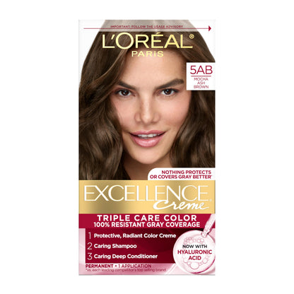 L'Oreal Paris Excellence Crème Permanent Hair Dye, Triple Care Hair Color with Hyaluronic Acid for 100% Gray Coverage, 4 Dark Brown, 1 Kit (Packaging May Vary)