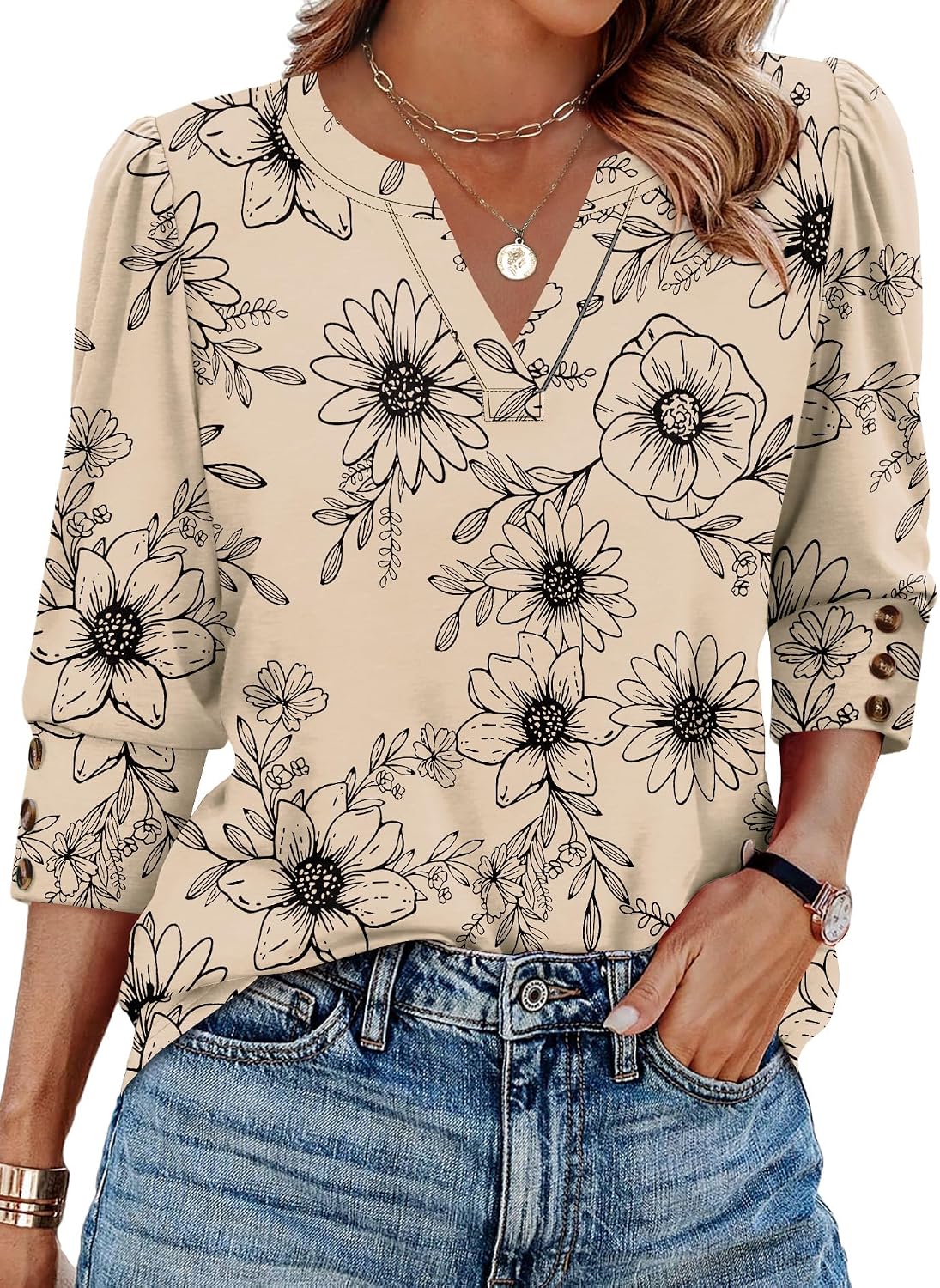 WIHOLL 3/4 Length Sleeve Womens Tops with Button Cuffs Dressy Casual V Neck Summer Outfits Early Fall Fashion Spring Clothes