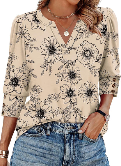 WIHOLL 3/4 Length Sleeve Womens Tops with Button Cuffs Dressy Casual V Neck Summer Outfits Early Fall Fashion Spring Clothes