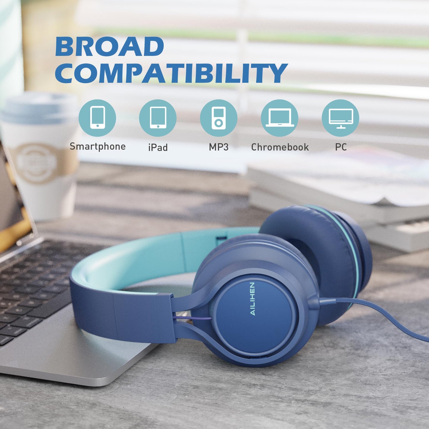 AILIHEN C8 Kids Wired Headphones with Mic for School, 3.5mm Jack, BlackBlue