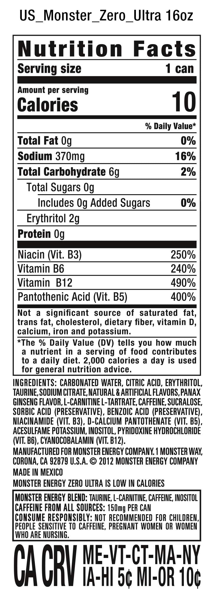 Monster Energy Zero Ultra, Sugar Free Energy Drink, 16 Ounce