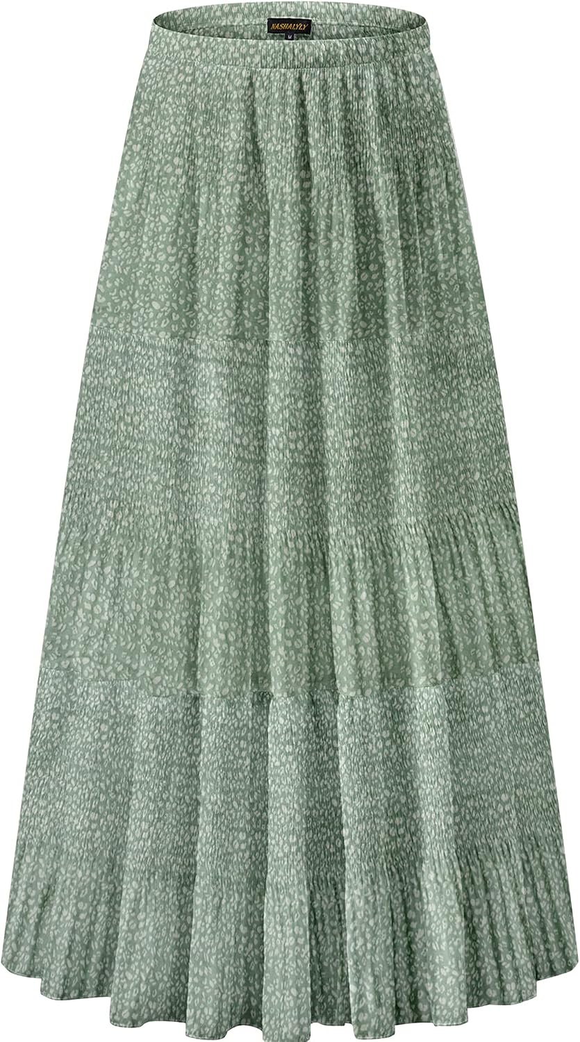 NASHALYLY Women's Chiffon Elastic High Waist Pleated A-Line Maxi Skirts