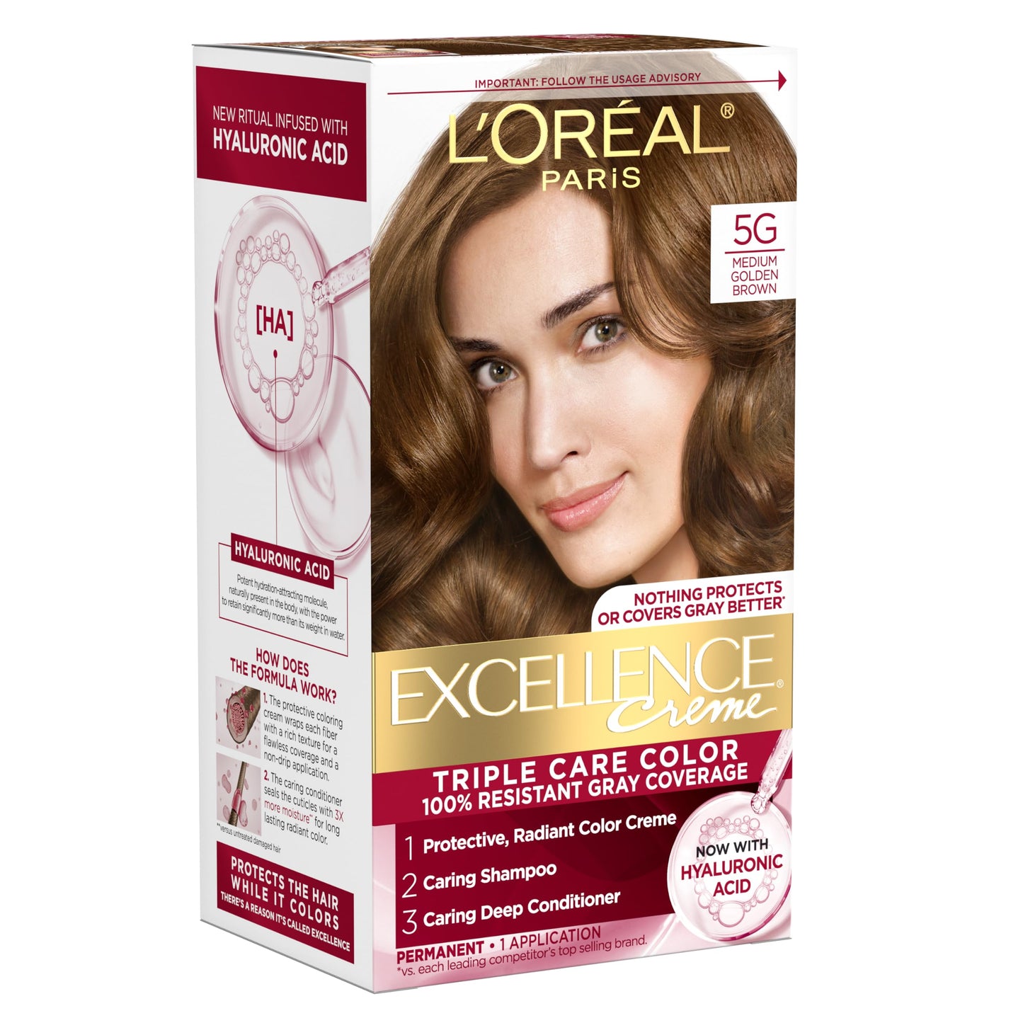 L'Oreal Paris Excellence Crème Permanent Hair Dye, Triple Care Hair Color with Hyaluronic Acid for 100% Gray Coverage, 4 Dark Brown, 1 Kit (Packaging May Vary)