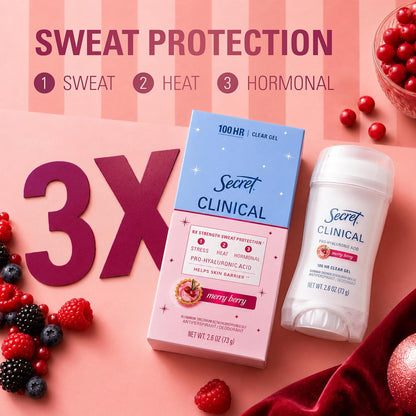 Secret Clinical Strength 100HR Sweat & Odor, Clear Gel Antiperspirant Deodorant for Women, 3X Stress Protection with Hyaluronic Acid, PH Balancing Minerals, Clear Lavender Scent, 2.6 oz