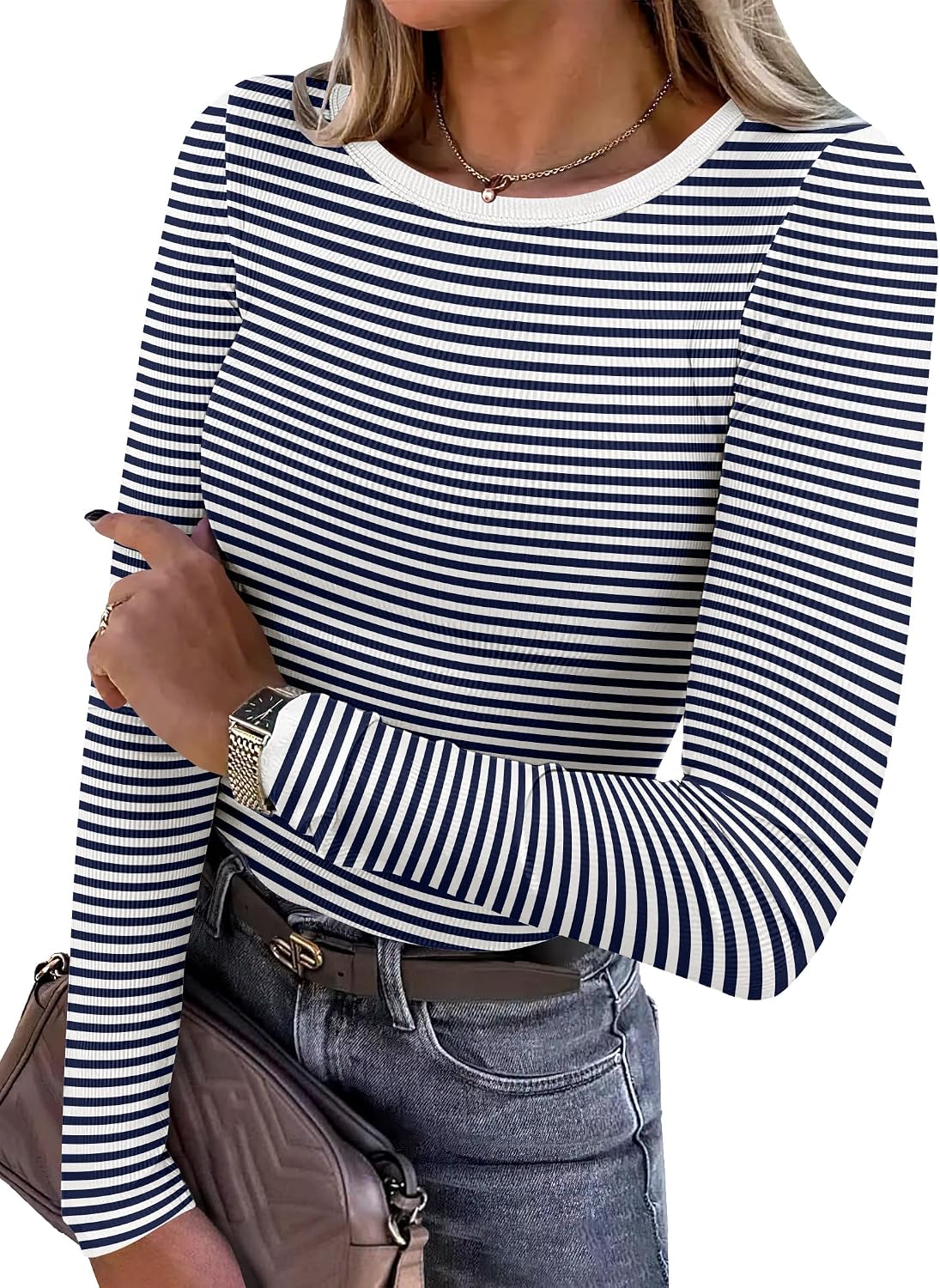 ANRABESS Women Long Sleeve Shirts Ribbed Fitted Tops