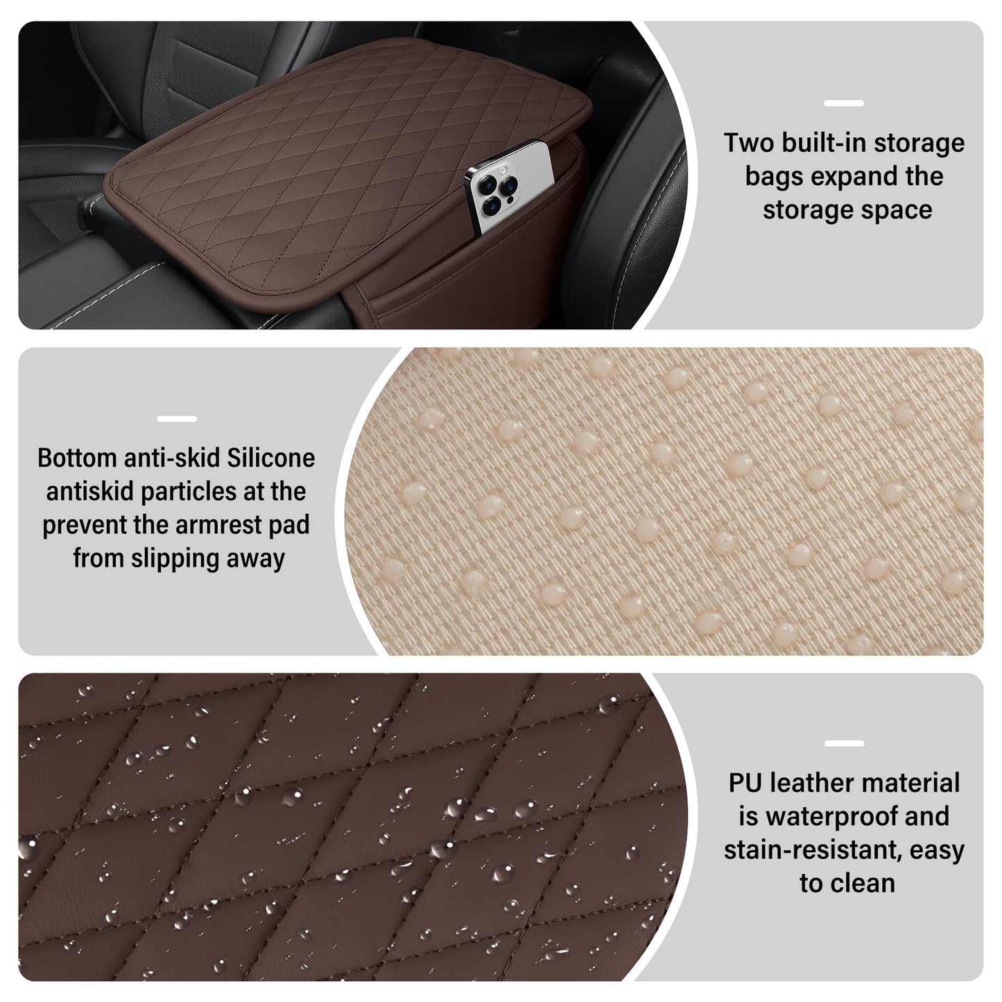 Amiss Car Center Console Cover, Upgraded Leather Car Armrest Cushion with 2 Storage Pockets, Universal Waterproof Cushion Pad, Non-Slip Car Interior Accessories, Fits Most Sedans SUVs Trucks (Black)