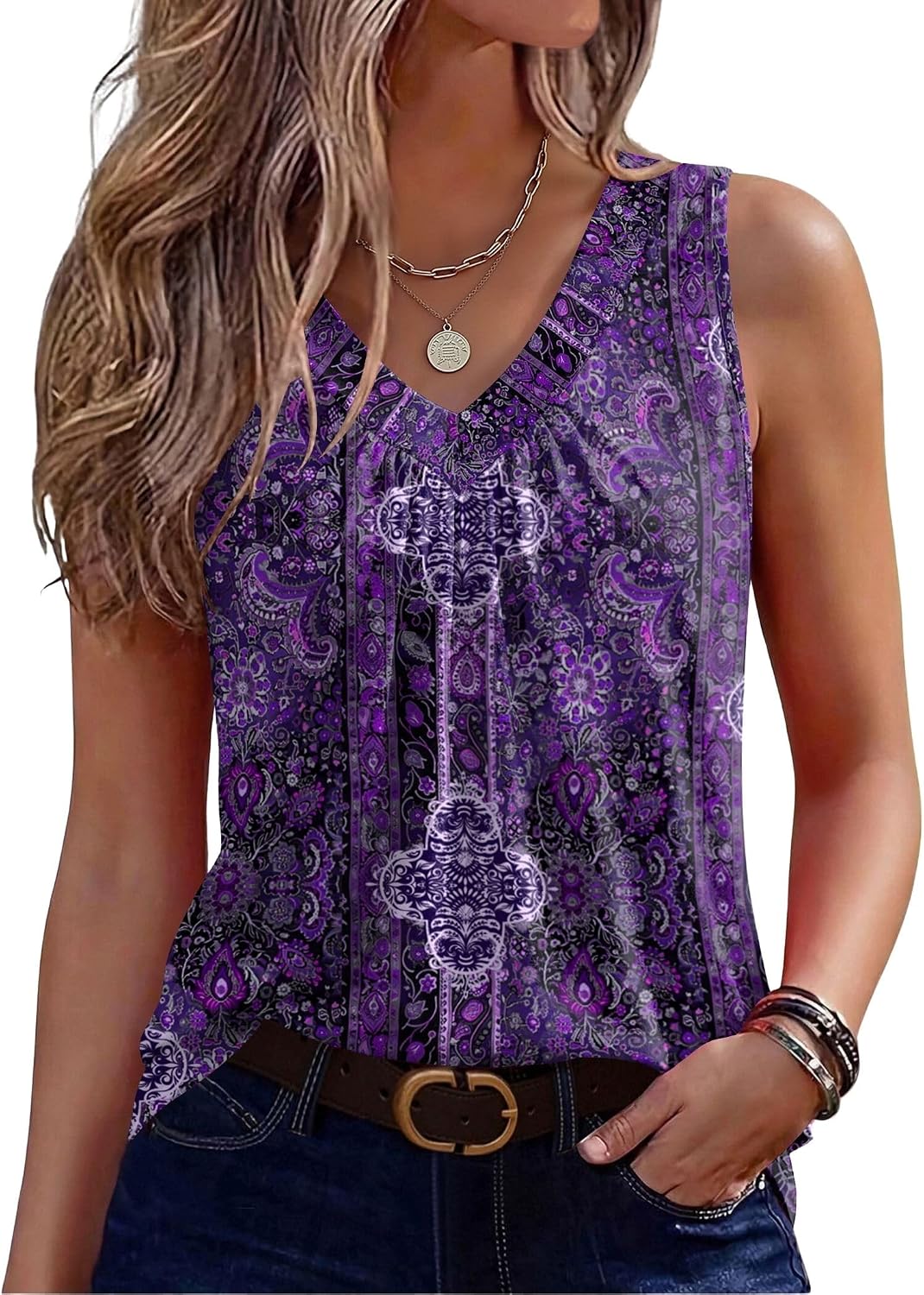 Zeagoo Womens Tank Tops Summer Sleeveless Tops V Neck Pleated Shirts