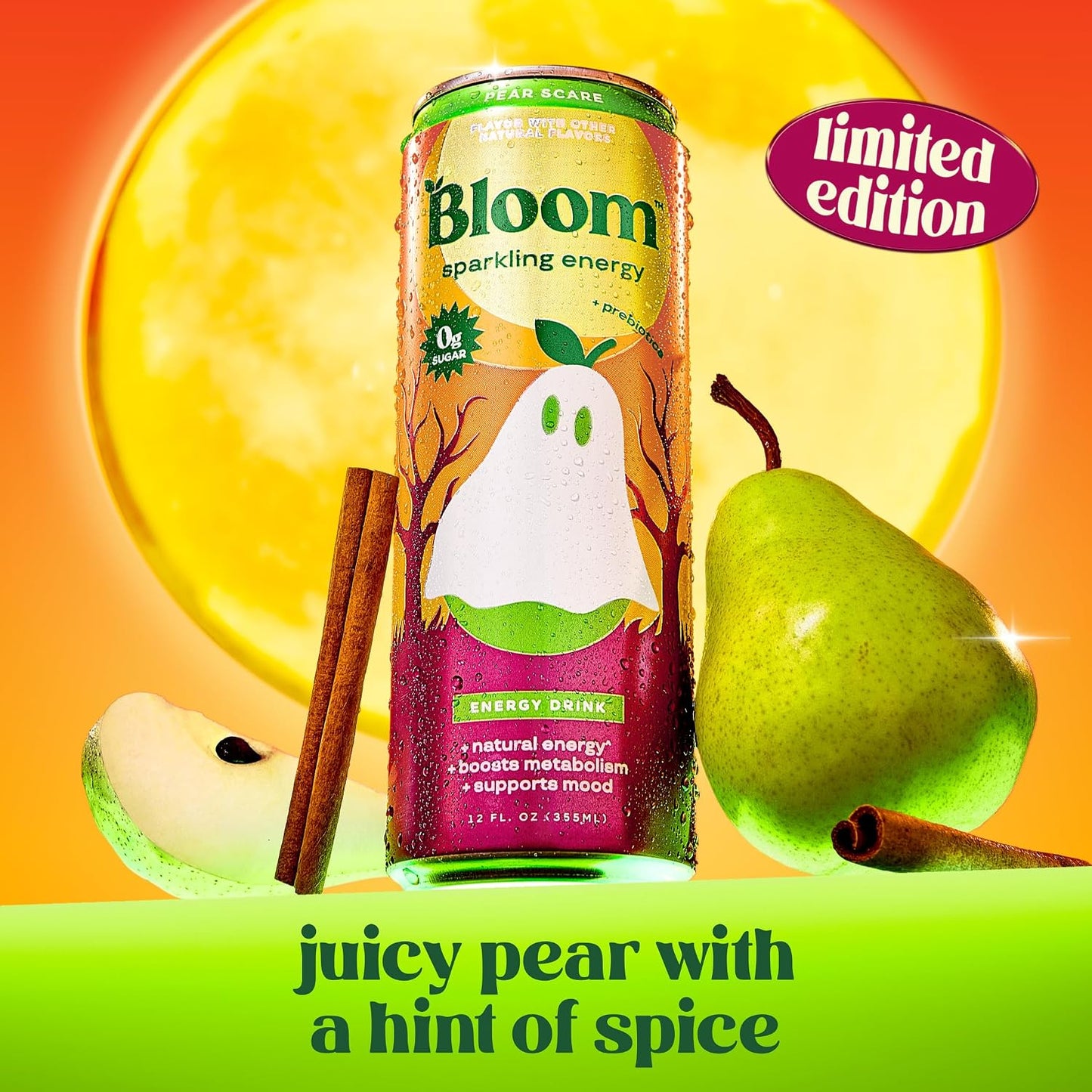 Bloom Nutrition Zero Sugar Energy Drink, Apple Crisp, 12oz 12pk