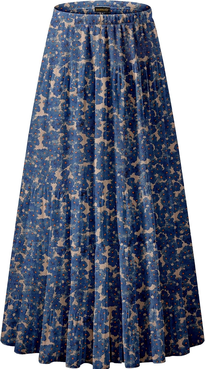 NASHALYLY Women's Chiffon Elastic High Waist Pleated A-Line Maxi Skirts