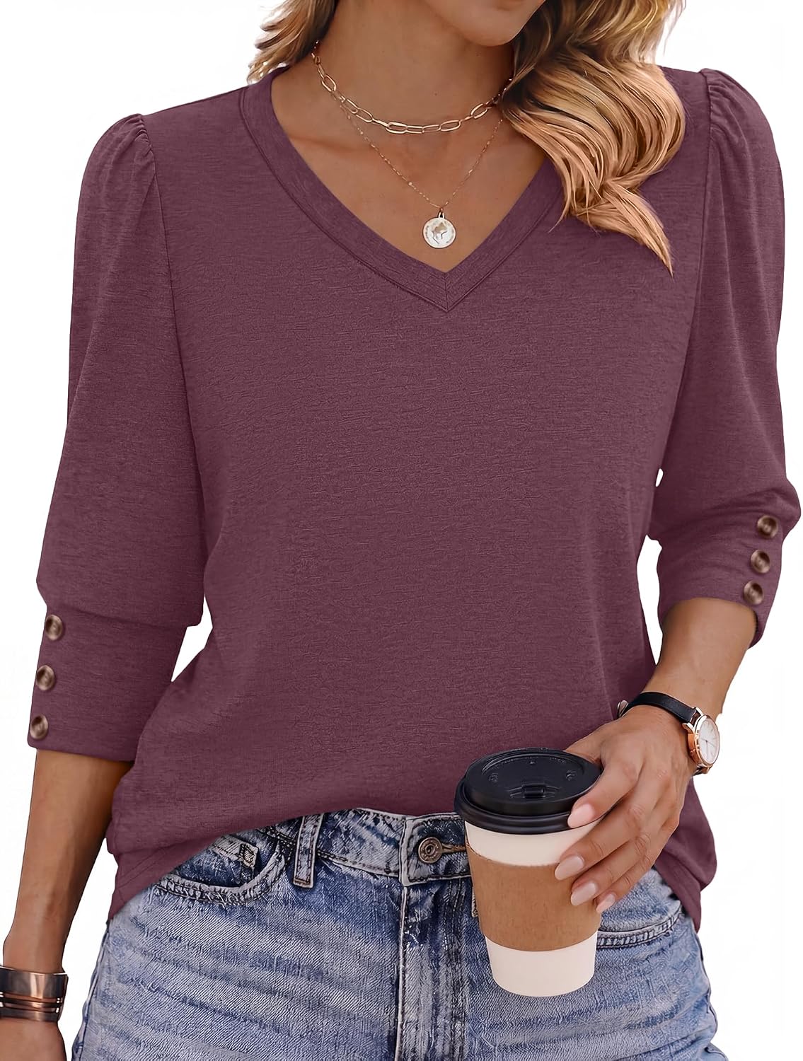 Zeagoo Womens 3/4 Sleeve V Neck T Shirts Dressy Casual Tops