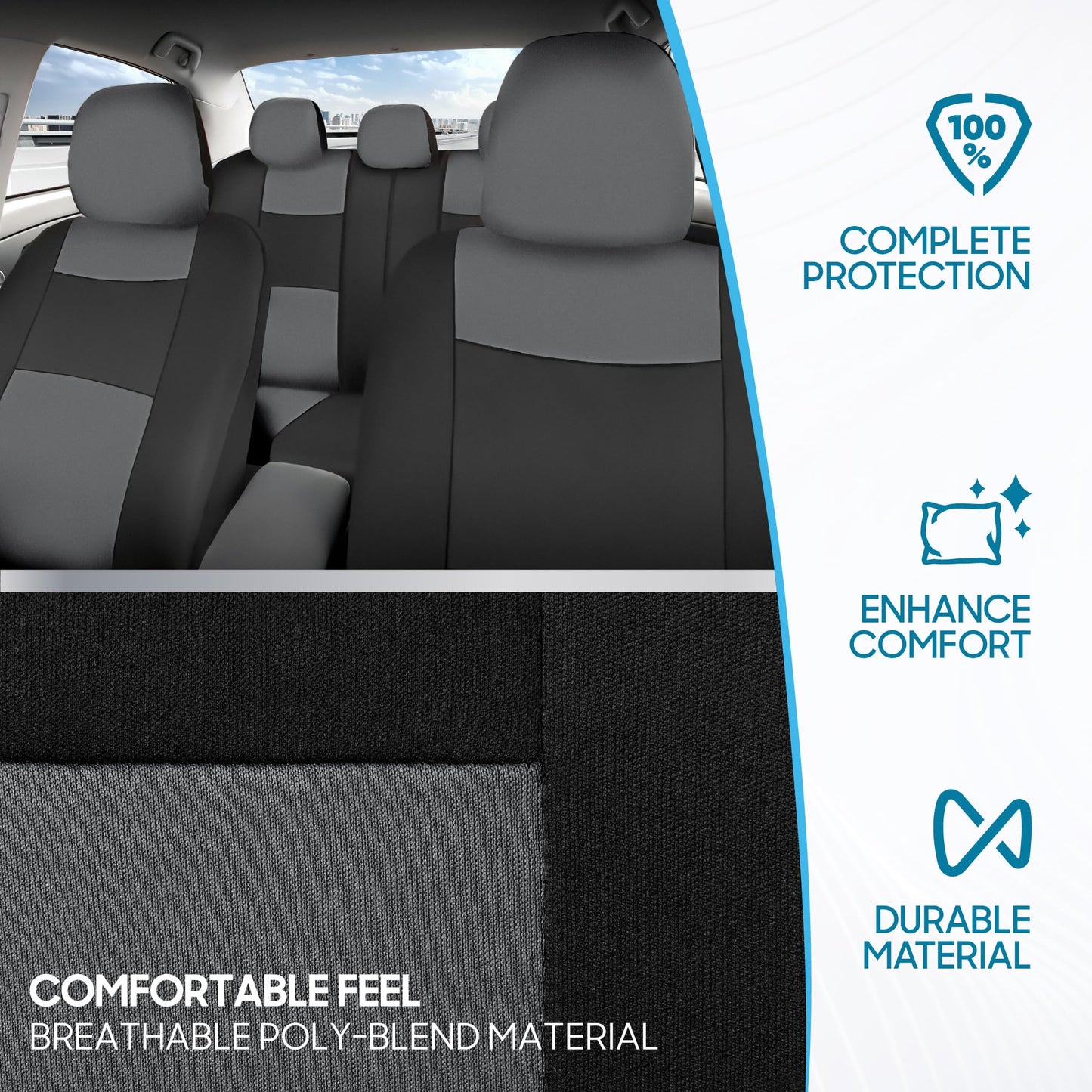BDK PolyPro Car Seat Covers Full Set in Solid Black, Front and Rear Split Bench Seat Covers for Cars, Easy to Install Car Seats Cover Set and Accessories for Auto Trucks Van SUV - Solid Black