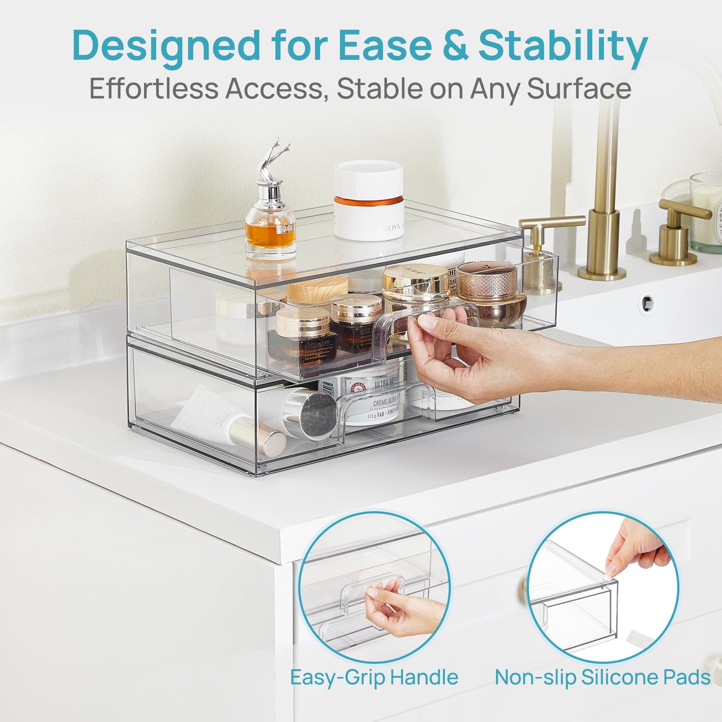 Vtopmart 2 Pack Small Clear Stackable Storage Drawers for Desk, Countertop