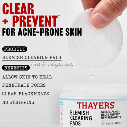 Thayers Blemish Clearing Acne Pads, Salicylic Acid Acne Treatment for Face, Pore Reducing, Exfoliating, and Soothing Skincare, Witch Hazel Toner Pads, 60 Ct