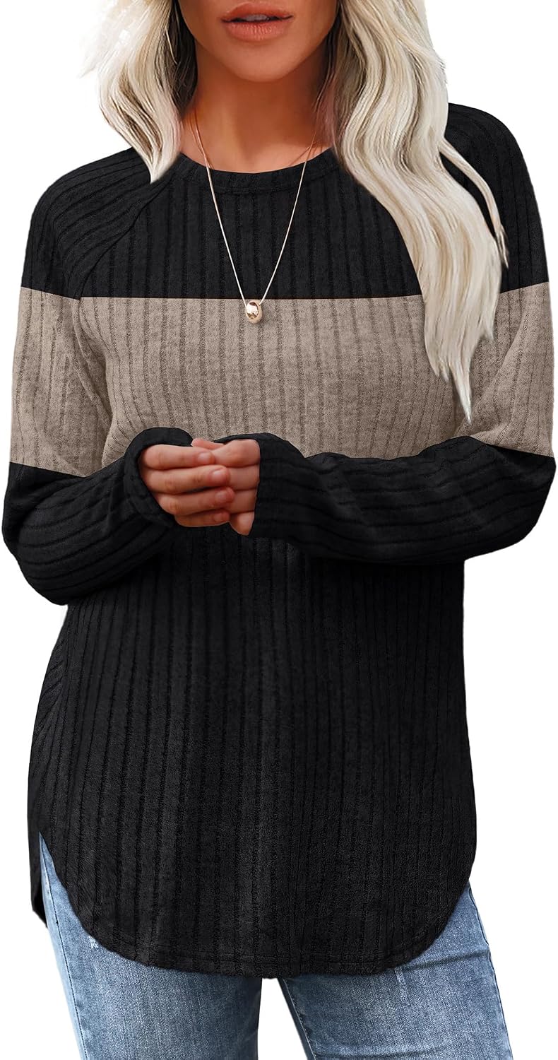 Saloogoe Long Sleeve Shirts for Women 2026 Fall Clothes Tunic Tops Loose Fit Dressy Crewneck Pullover Sweaters Curved Hem