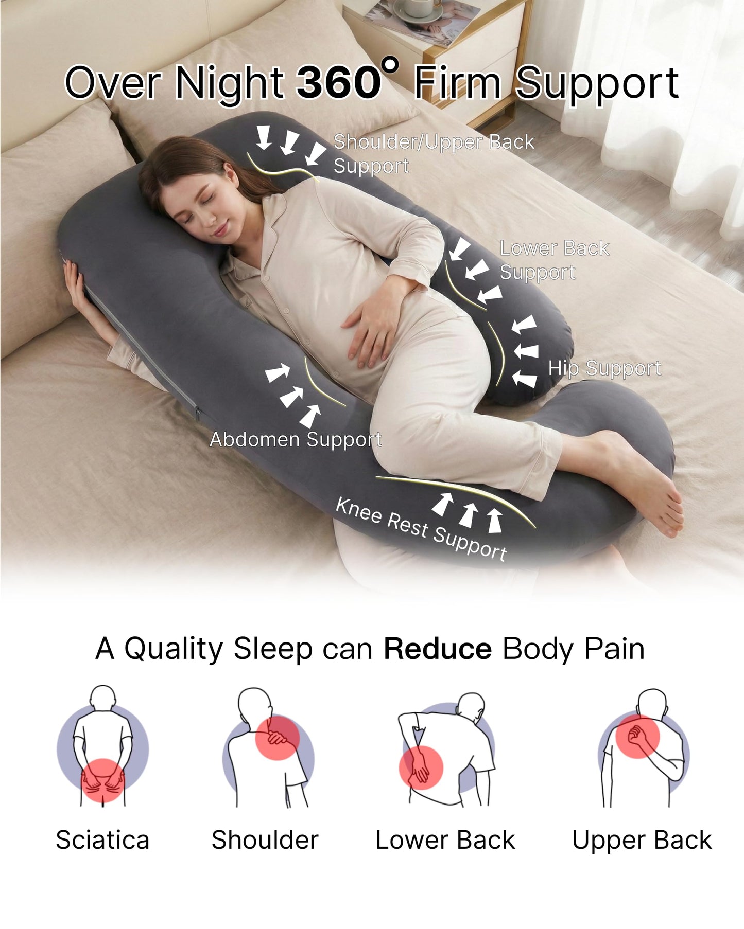 ALLOPERA Pregnancy Pillow, Full Body Maternity Pillow 57 inch, with Removable Washable Cover - Sleep Support for Legs, Back, Neck, Shoulder, HIPS, Belly, Velvet Cover-Grey-Dark Blue
