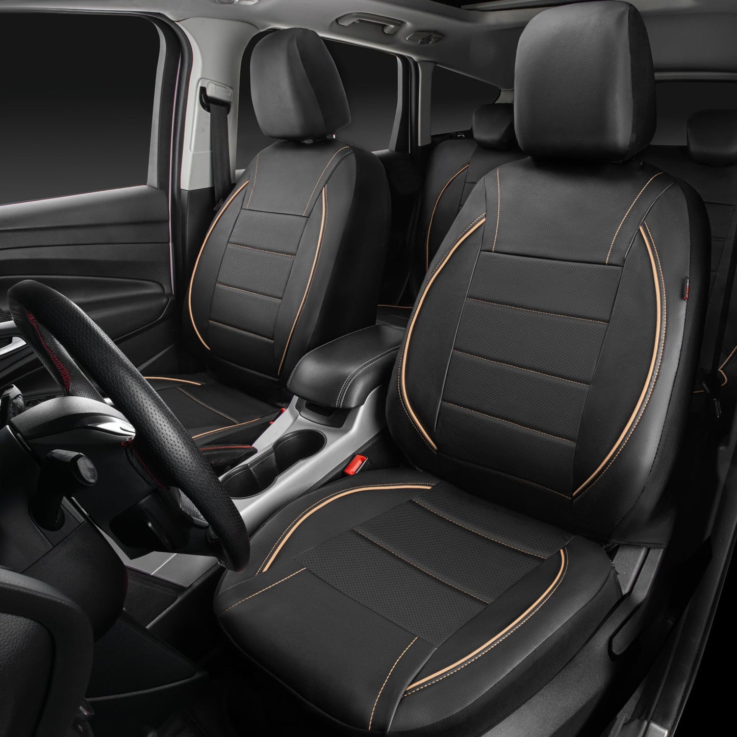CAR PASS Universal FIT Piping Leather Car Seat Cover, for suvs,Van,Trucks,Airbag Compatible,Inside Zipper Design and Reserved Opening Holes (Full Set, Black and Red)