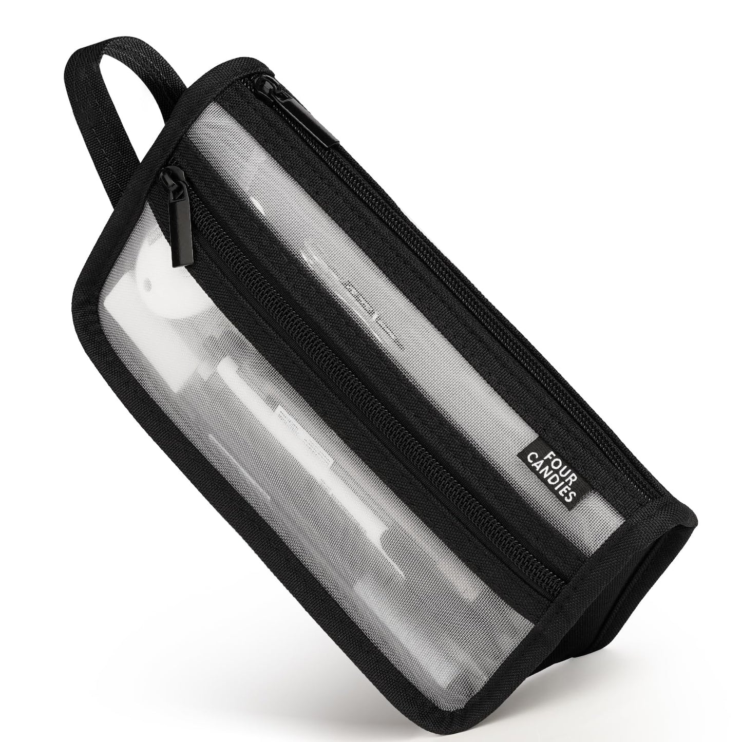 Four Candies Grid Mesh Pencil Case, Clear Double-layer with Handle (Purple)
