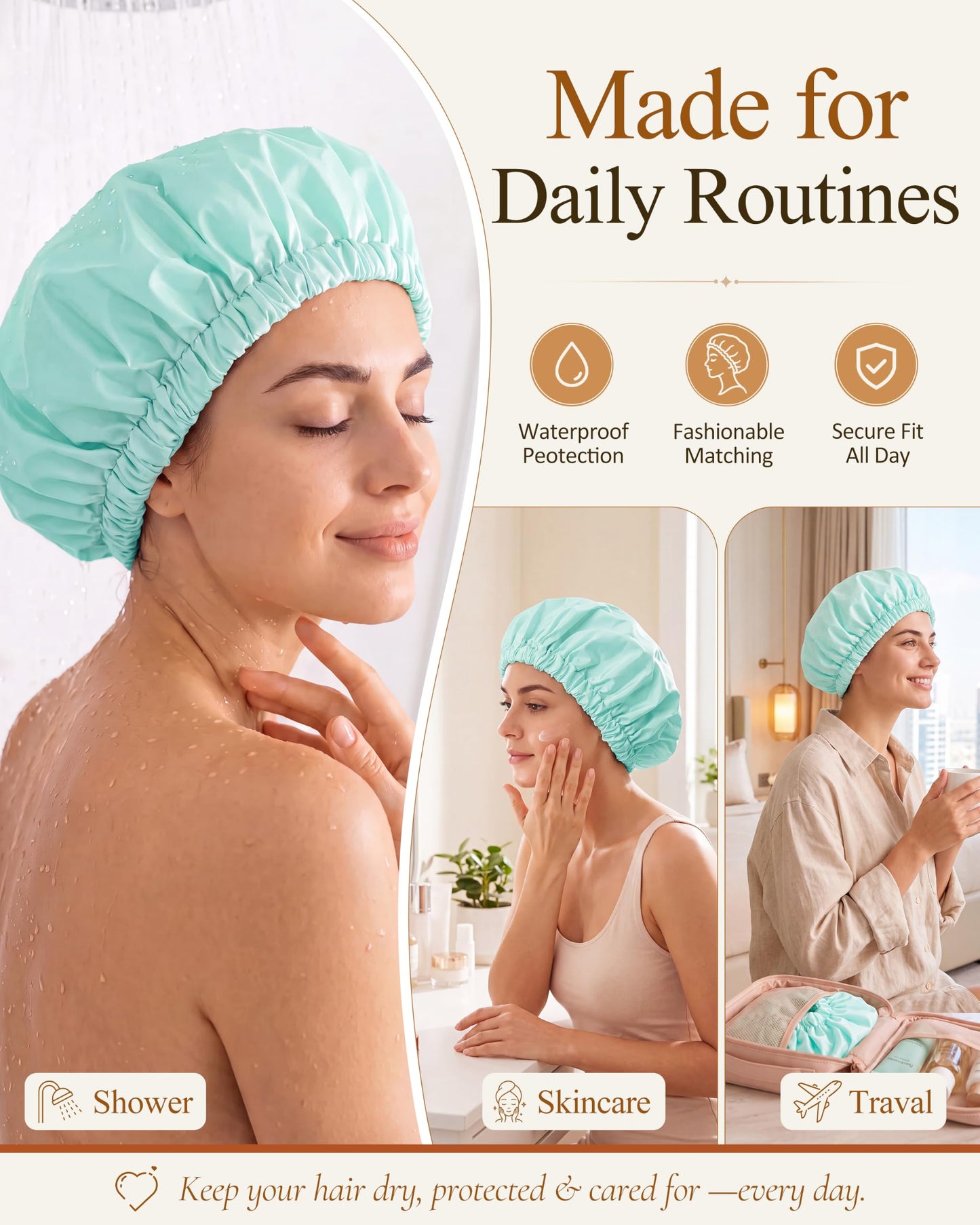 Edoneery Shower Caps for Women Reusable Waterproof, Shower Hair Cap