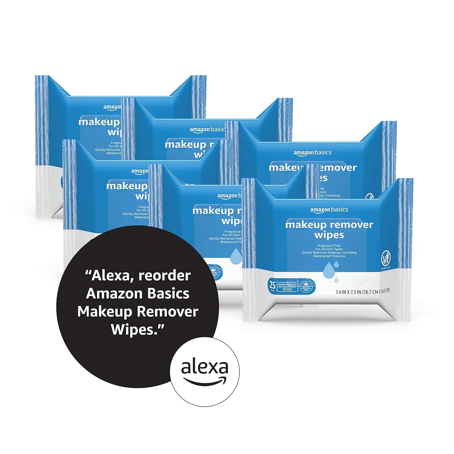 Amazon Basics Makeup Remover Wipes, Fragrance-Free, Alcohol-Free, Gentle Cleansing, Plant-Based, Dermatologist Tested, Removes Waterproof Mascara, Resealable, 25 Count, 1-Pack
