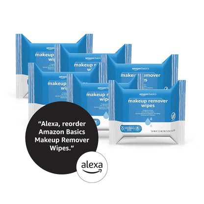 Amazon Basics Makeup Remover Wipes, Fragrance-Free, Alcohol-Free, Gentle Cleansing, Plant-Based, Dermatologist Tested, Removes Waterproof Mascara, Resealable, 25 Count, 1-Pack