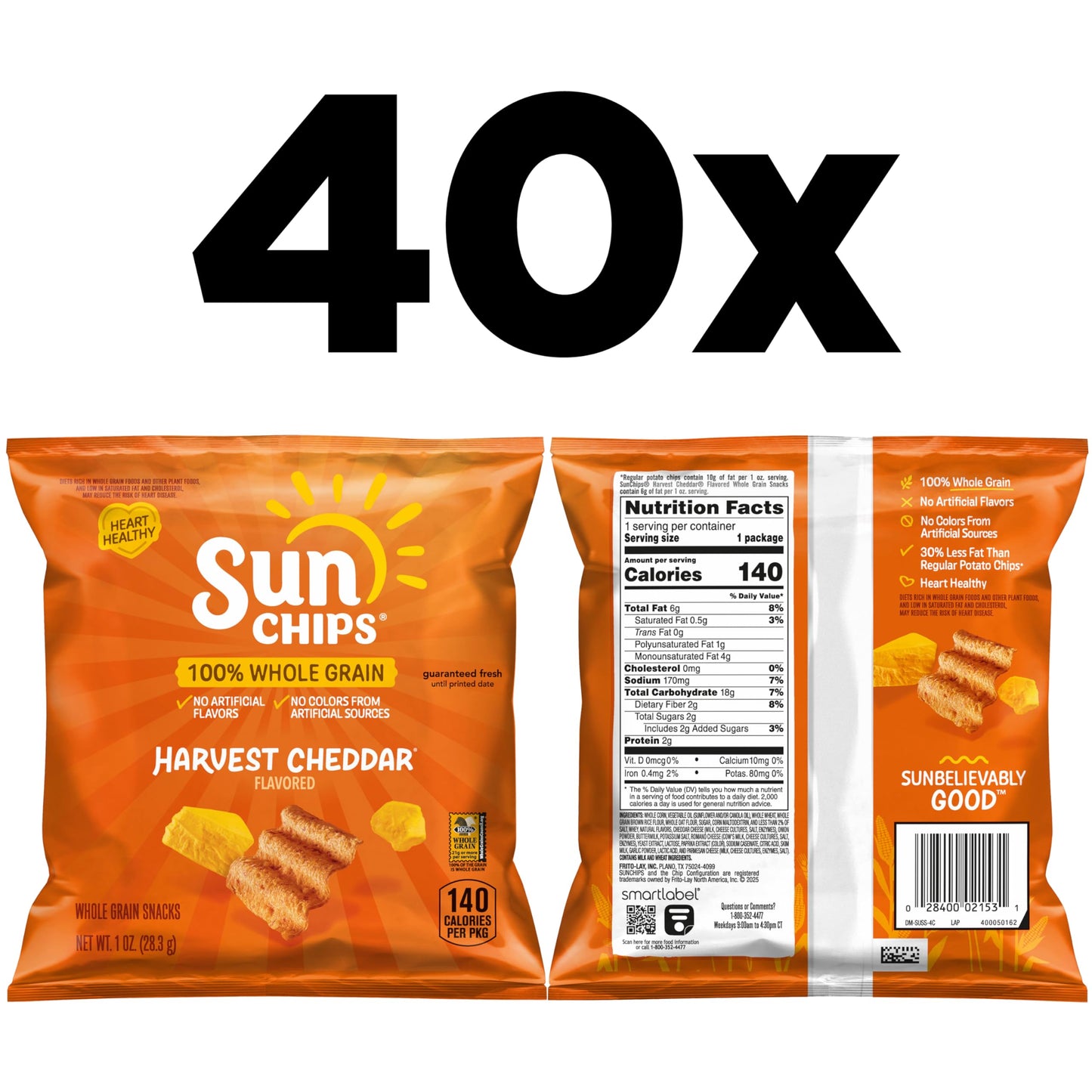 SunChips 100% Whole Grain Chips, Variety Pack, 1 oz Bags, Pack of 40, No Artificial Flavors, Colors