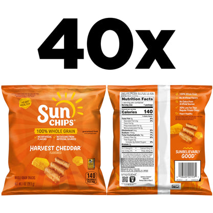 SunChips 100% Whole Grain Chips, Variety Pack, 1 oz Bags, Pack of 40, No Artificial Flavors, Colors