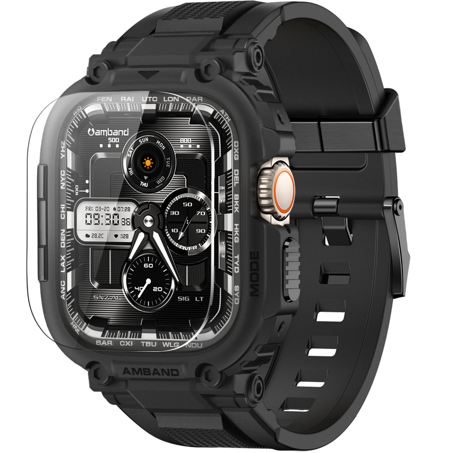 amBand Bands Compatible with Apple Watch 9/8/7/6/5/4 & SE 3/2/1 45mm/44mm Case for Men, M1 Sport Series Rugged Case Protective Cover for iWatch SE3/SE2/6/SE/5/4 44/45 mm Men Black