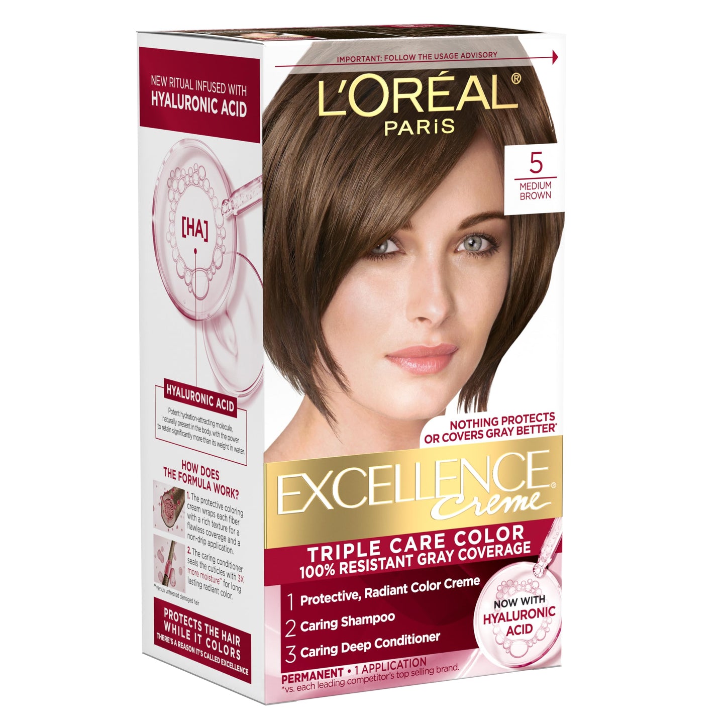 L'Oreal Paris Excellence Crème Permanent Hair Dye, Triple Care Hair Color with Hyaluronic Acid for 100% Gray Coverage, 4 Dark Brown, 1 Kit (Packaging May Vary)