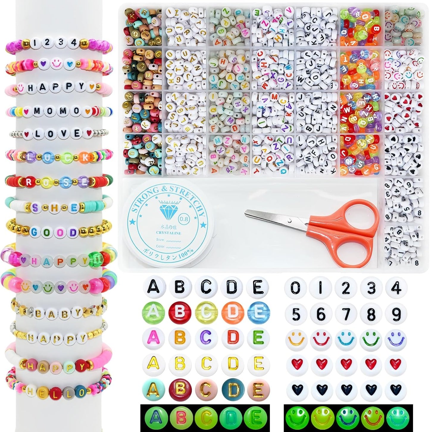 Looconi 810pcs Gold Letter Beads Square 6x6mm White Cube Acrylic Alphabet A-Z with Heart Pattern and Crystal Line for Jewelry Making