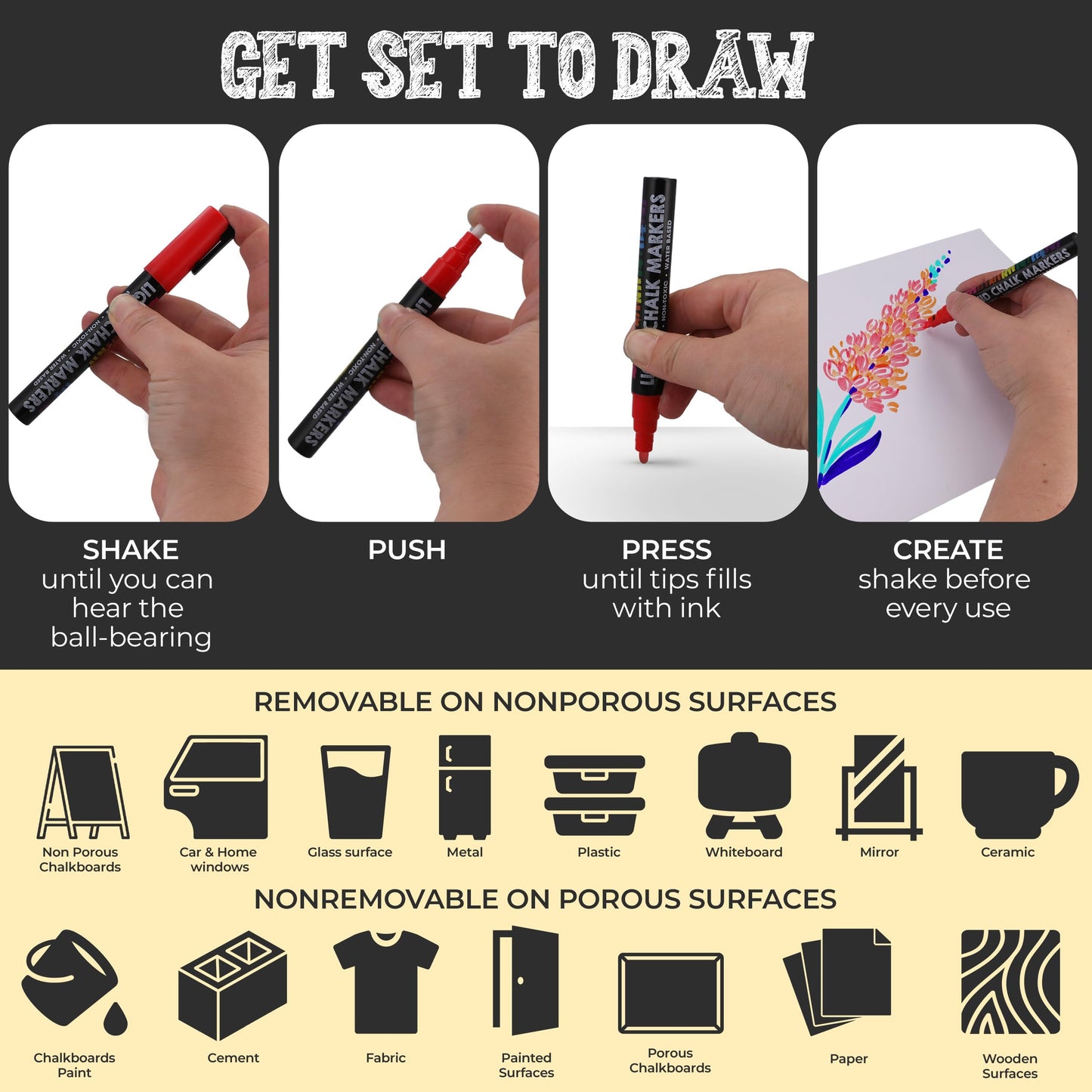 Bandle B. Chalk Markers - 8 Vibrant, Erasable, Non-Toxic, Water-Based, Reversible Tips. For Glass or Chalkboard Markers for Businesses, Restaurants, Liquid Drawing Chalk (Vibrant 6mm)