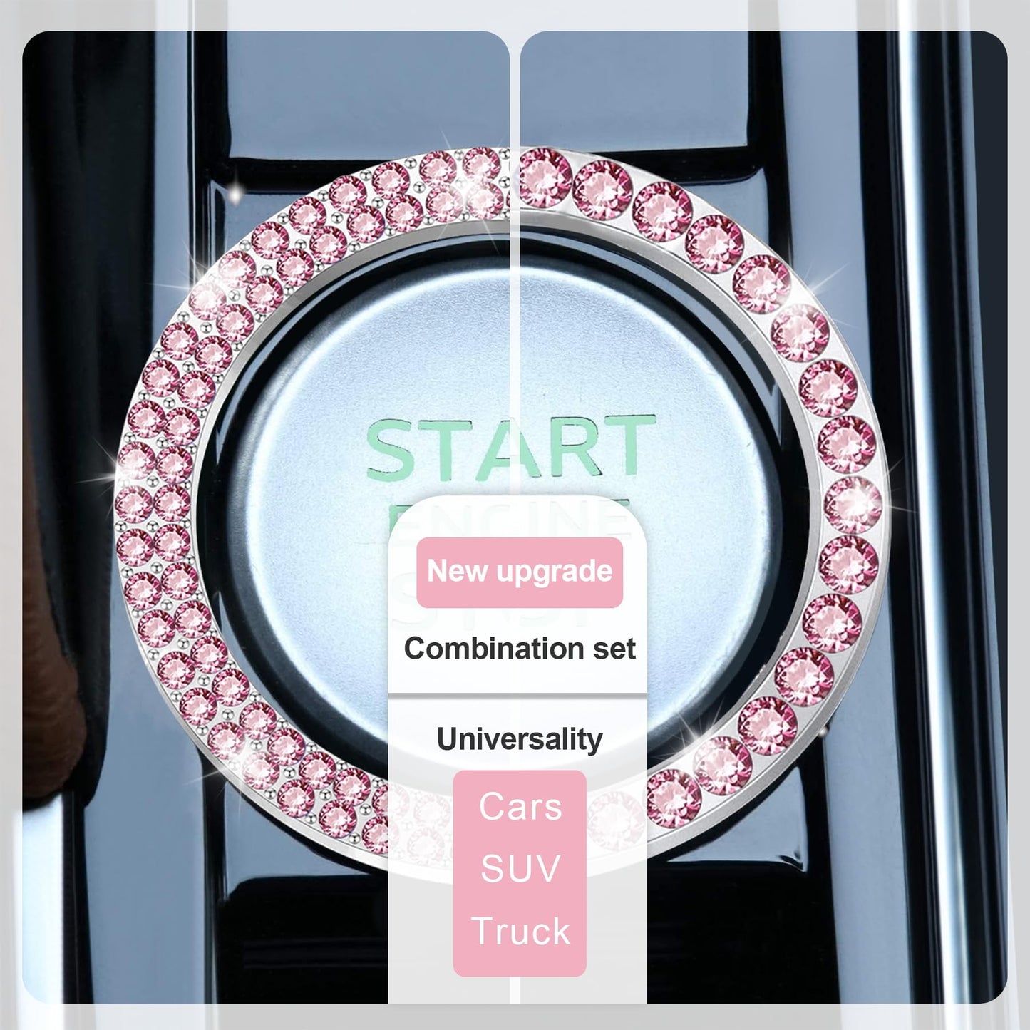 LivTee 2 PCS Crystal Double Rhinestone Car Engine Start Stop Decoration Ring, Bling Car Interior Accessories for Women, Push to Start Button Cover Sticker, Automotive Decals, Light Green