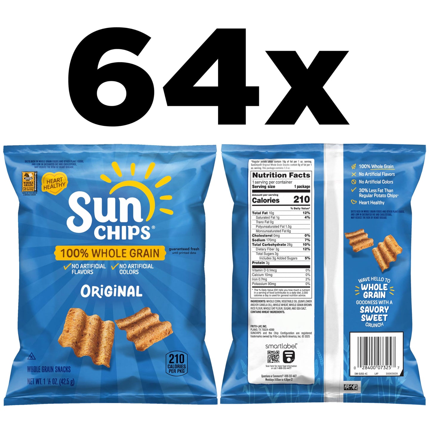 SunChips 100% Whole Grain Chips, Variety Pack, 1 oz Bags, Pack of 40, No Artificial Flavors, Colors