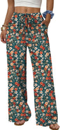 Sampeel Wide Leg Pants for Women Flowy Palazzo Drawstring Elastic Waist Trousers with Pockets Summer Beach Vacation Clothes